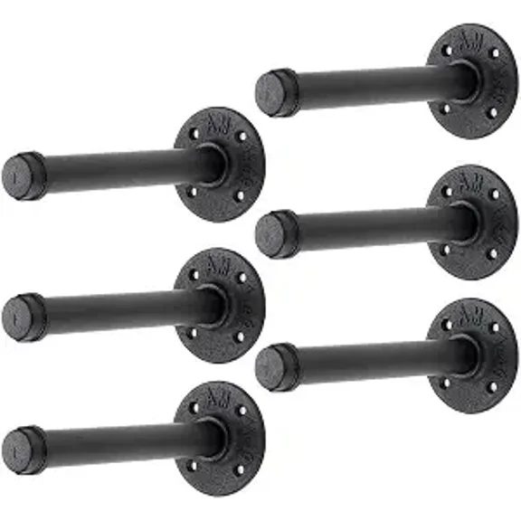 6 Inch Black Industrial Pipe Floating Clothing Rack Wall Mounted Heavy Duty Garment Rack 6 Pack