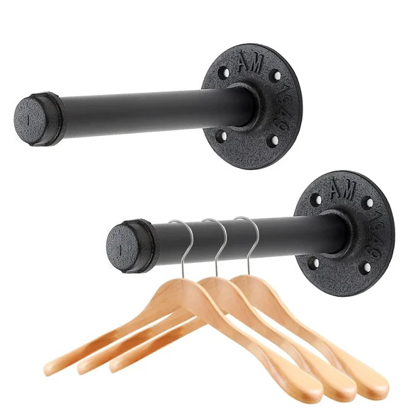 6 Inch Black Industrial Pipe Floating Clothing Rack Wall Mounted, Heavy Duty Garment Rack for Hanging Clothes, Multi-purpose Hanging Rod for Closet Storage, 2 Pack
