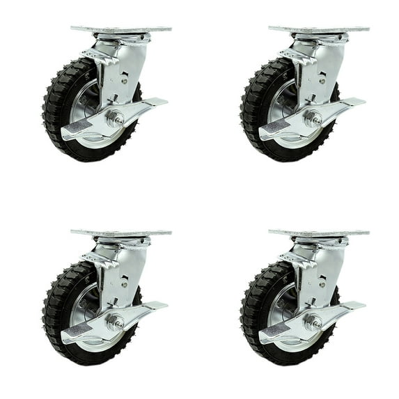 6 Inch Black Pneumatic Wheel Caster Set 4 Swivel with Brakes 2 with Swivel Locks