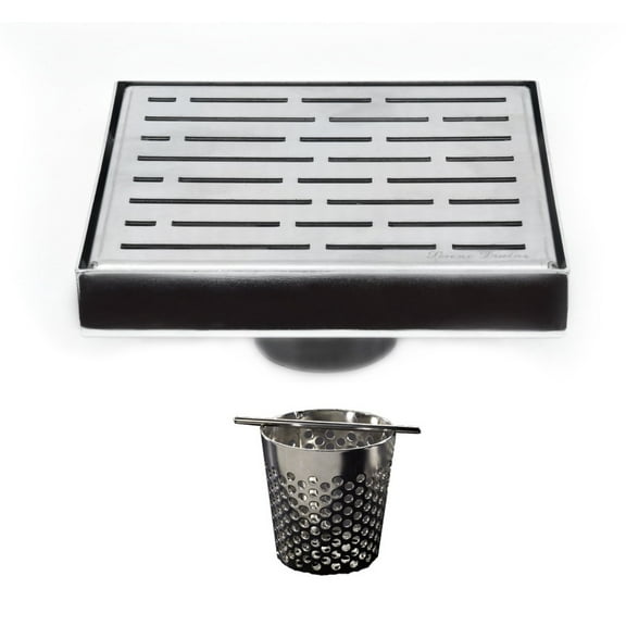 6 Inch Brushed Nickel Square Shower Drain with Hair Trap Set (2 Designs)