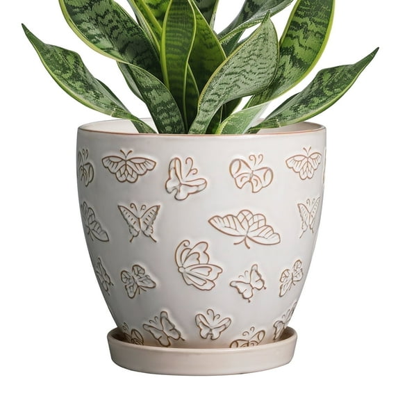 6 inch Ceramic Planter - Indoor Plant Pots with Drainage and Saucer for Planting,Succulents Herbs,for Plant Lover Windowsill Desk Decor,White-Butterfly