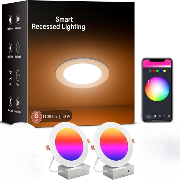 6 Inch Canless Smart Recessed LED Lights 2/4/6 Pack 13W 1100LM Color Changing Downlight with J-Box Compatible with Alexa Google Assistant Ultra Thin