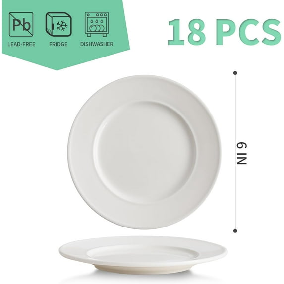 6 Inch Ceramic Dessert Plates Set of 18, White Porcelain Dinner Plates for Cake, Waffles, Snacks, Oven Microwave Dishwasher Safe