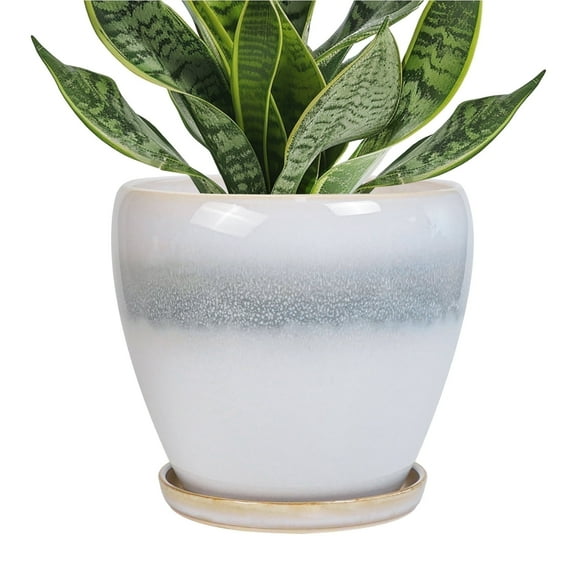 6 inch Ceramic Planter with Saucer | Modern Indoor Outdoor Pot with Drainage Hole for Herbs & Succulents, White and Gray