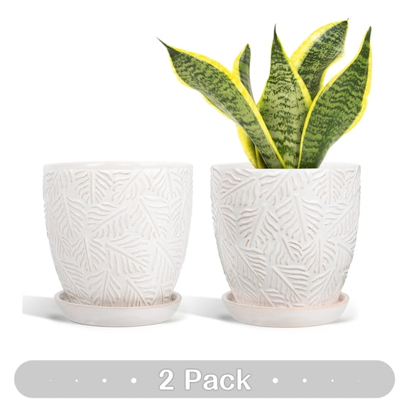 EFISPSS 6 inch White Crackle Glaze Ceramic Planter, Value Set of 2 Vintage Farmhouse Flower Pots with Saucers