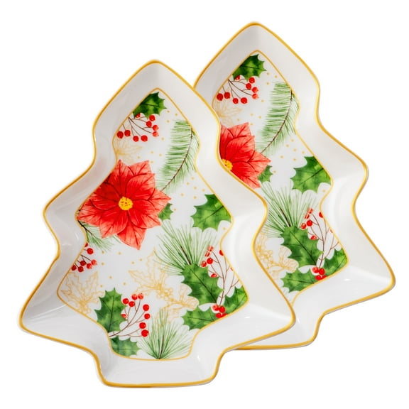 6 Inch Christmas Tree Shape Party Plates, Holiday Serving Tray Serving Platter at Holiday Hosting for Snack Cookies and Candy, Small Ceramic Dish, Set of 2, Christmas Flower Holly Red Berries