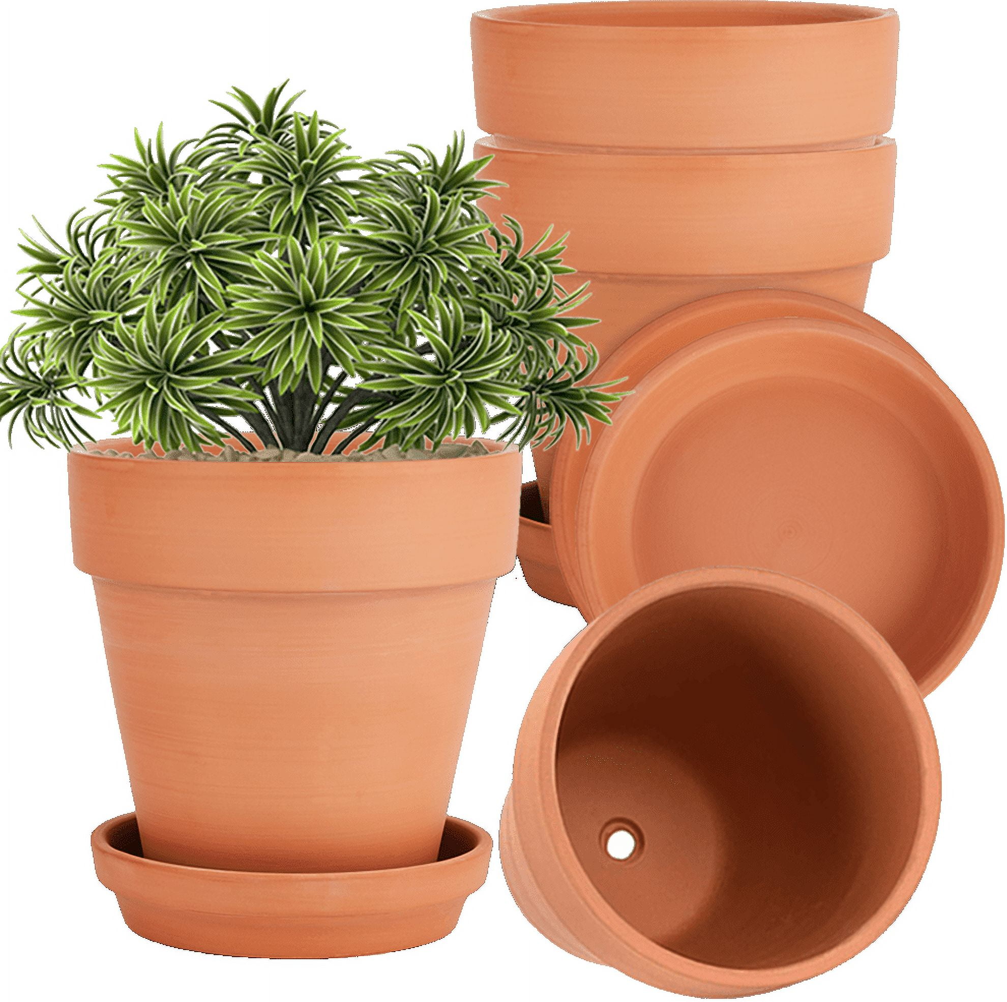 6 Inch Brown Terracotta Clay Pots with Drainage Hole and Saucer - 4 Pack