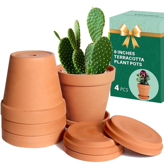 vensovo 6 Inch Terracotta & Clay Pots for Plant with Saucer - 4 Pack Medium Terra Cotta Planter with Drainage Hole, Flowerpot for Indoor Outdoor Plants, Crafts, Wedding Favor
