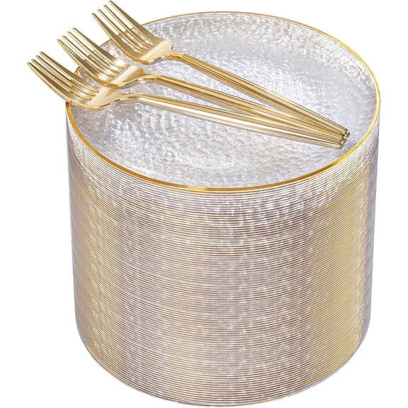 6 Inch Clear Gold Hammered Disposable Dessert Plates with Forks Set