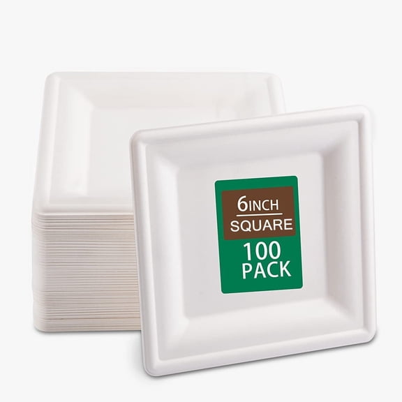 6-Inch Compostable Paper Plates, 100 PCS Square Biodegradable Bagasse Plates, Heavy-Duty Microwaveable Plates, Eco-Friendly Natural Disposable Plates, Made of Sugarcane Fibers, for Party, Picnic