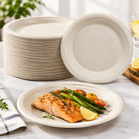 6 Inch Compostable Sugarcane Paper Plates, Nature, 100 Pack