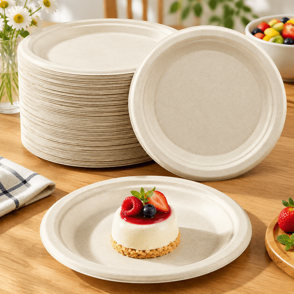 6 Inch Compostable Sugarcane Paper Plates, Nature, 100 Pack