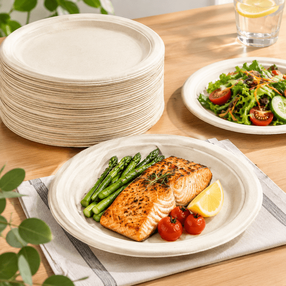 6 Inch Compostable Sugarcane Paper Plates, Nature, 100 Pack