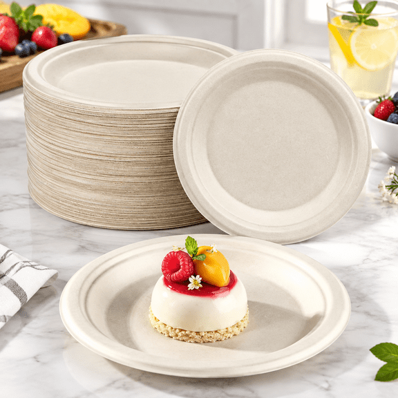6 Inch Compostable Sugarcane Paper Plates, Nature, 100 Pack