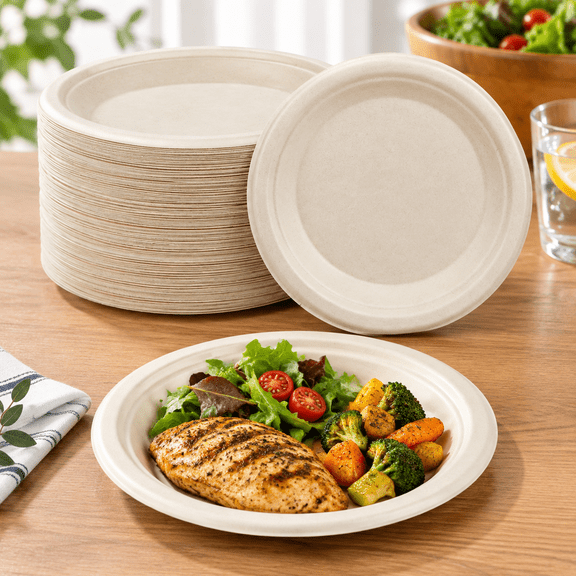 6 Inch Compostable Sugarcane Paper Plates, Nature, 100 Pack