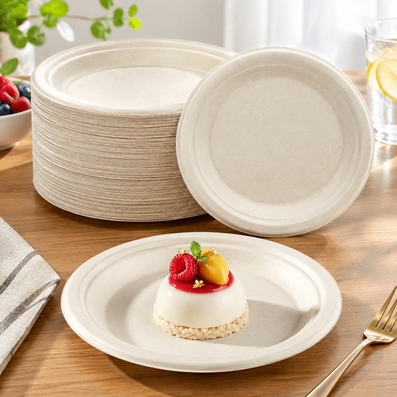6 Inch Compostable Sugarcane Paper Plates, Nature, 100 Pack