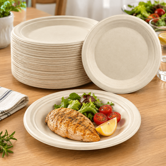 6 Inch Compostable Sugarcane Paper Plates, Nature, 100 Pack