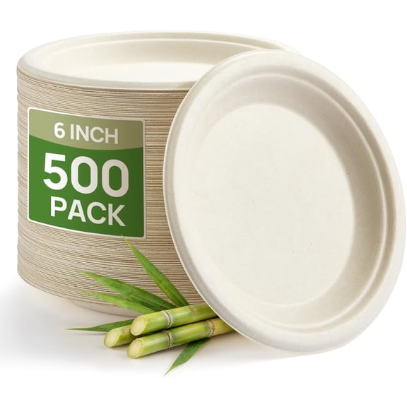 6 Inch Compostable Sugarcane Plates 500 Count Heavy Duty FSC Certified