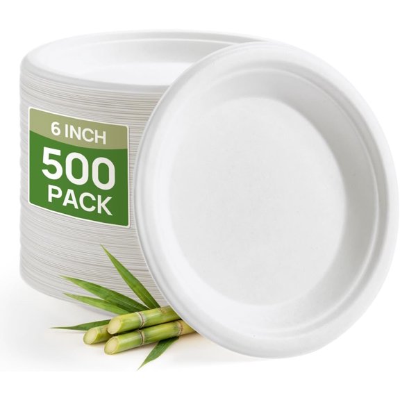 6 Inch Compostable Sugarcane Plates 500 Pack White Heavy Duty FSC Certified