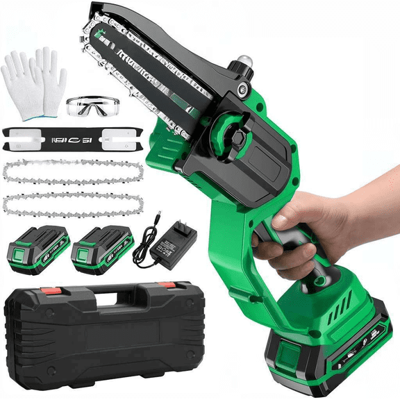6 Inch Cordless Electric Mini Chainsaw with 2 Batteries and Carrying Case Green