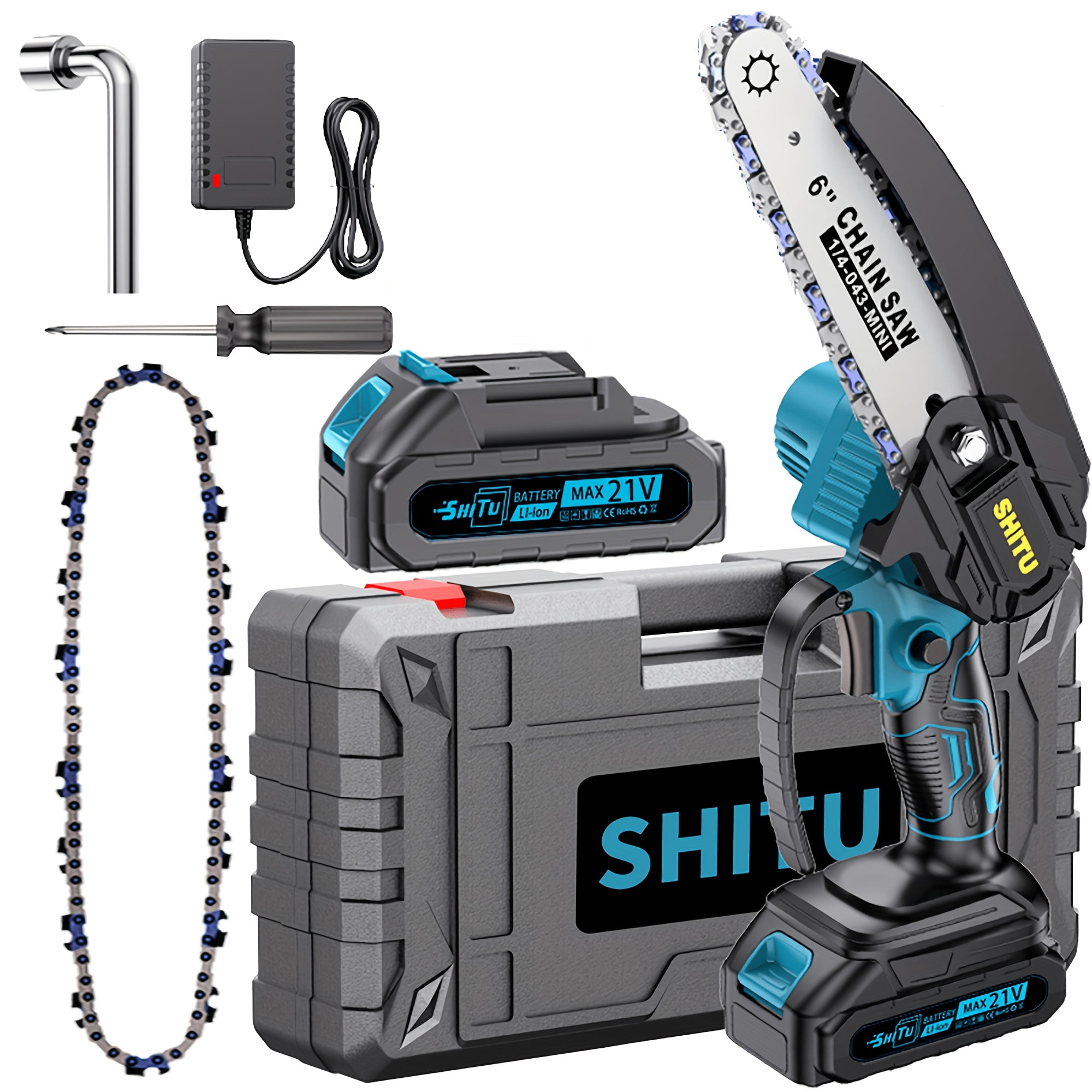 6 Inch Cordless Mini Chainsaw, 21V Handheld Portable Electric Chain Saw for Tree Trimming Wood Cutting, Rechargeable Battery Powered Chainsaw for Garden Yard Home