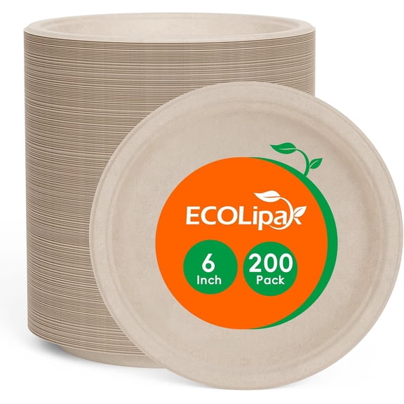 6 Inch Disposable Compostable Small Paper Plates, 200 Pack Recycled Sugarcane Bagasse Biodegradable Heavy Duty Mini Dinner Appetizer Cake Dessert Plates for Party(Nature)