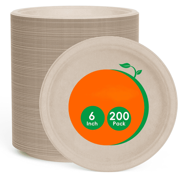 6 Inch Disposable Compostable Small Paper Plates, 200 Pack Recycled Sugarcane Bagasse Biodegradable Heavy Duty Mini Dinner Appetizer Cake Dessert Plates for Party(Nature)