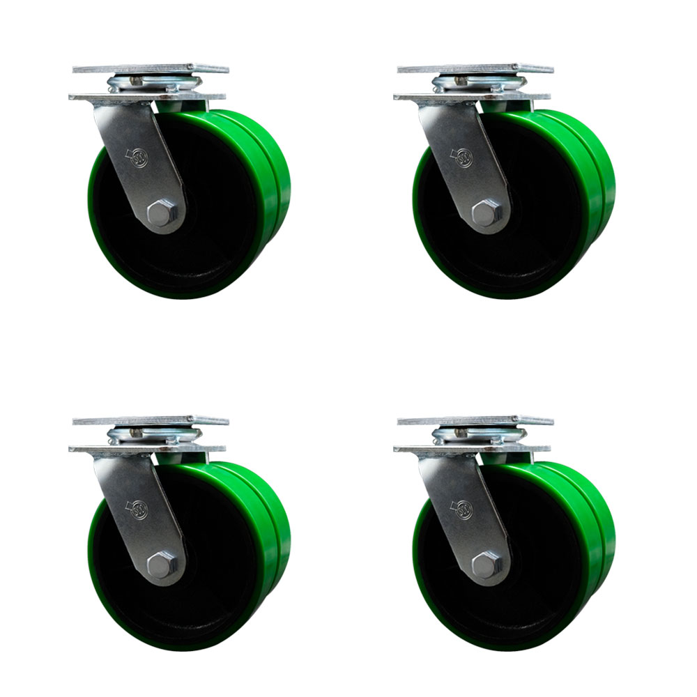 6 Inch Dual Green Poly on Cast Iron Wheels Swivel Caster Set with Roller Bearing