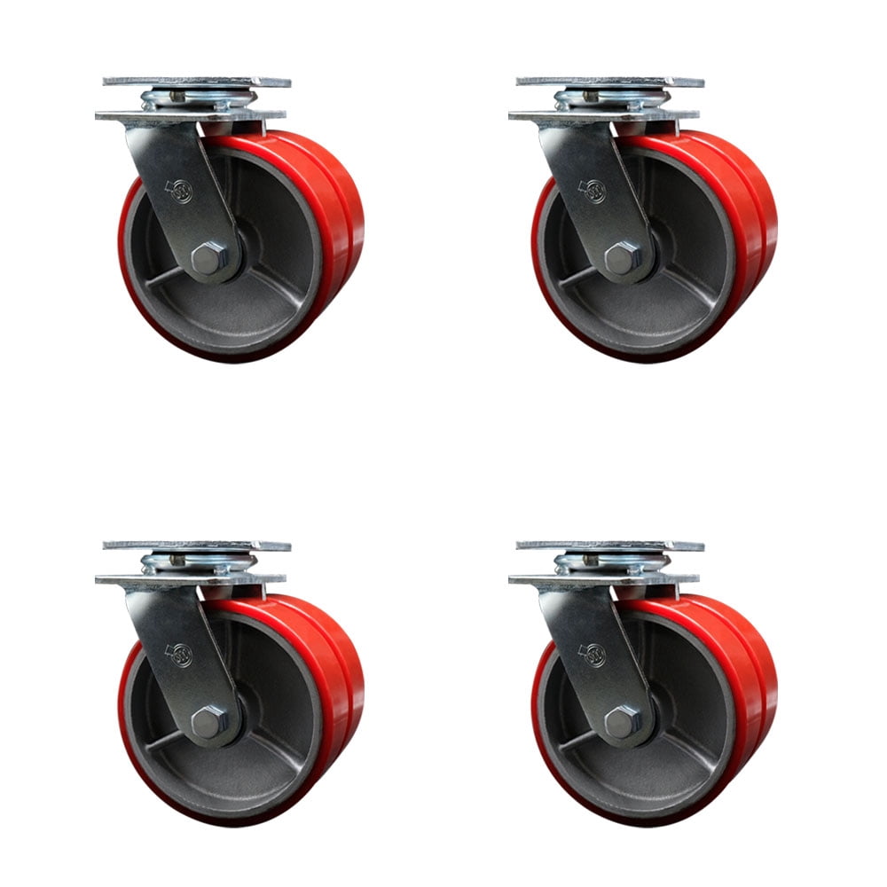 6 Inch Dual Red Poly on Cast Iron Wheels Swivel Caster Set with Ball Bearing SCC