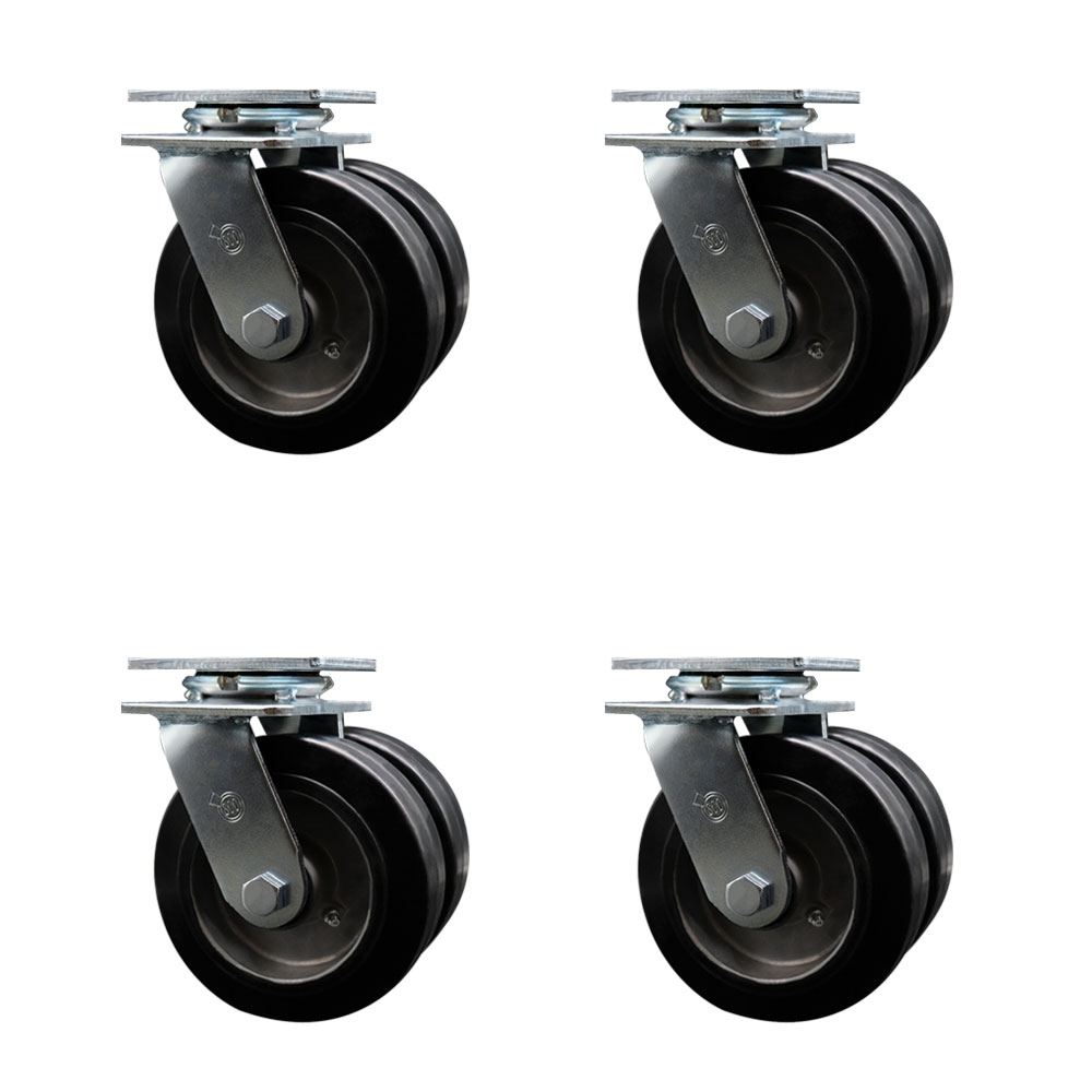 6 Inch Dual Rubber on Aluminum Wheels Swivel Caster Set with Roller Bearings SCC