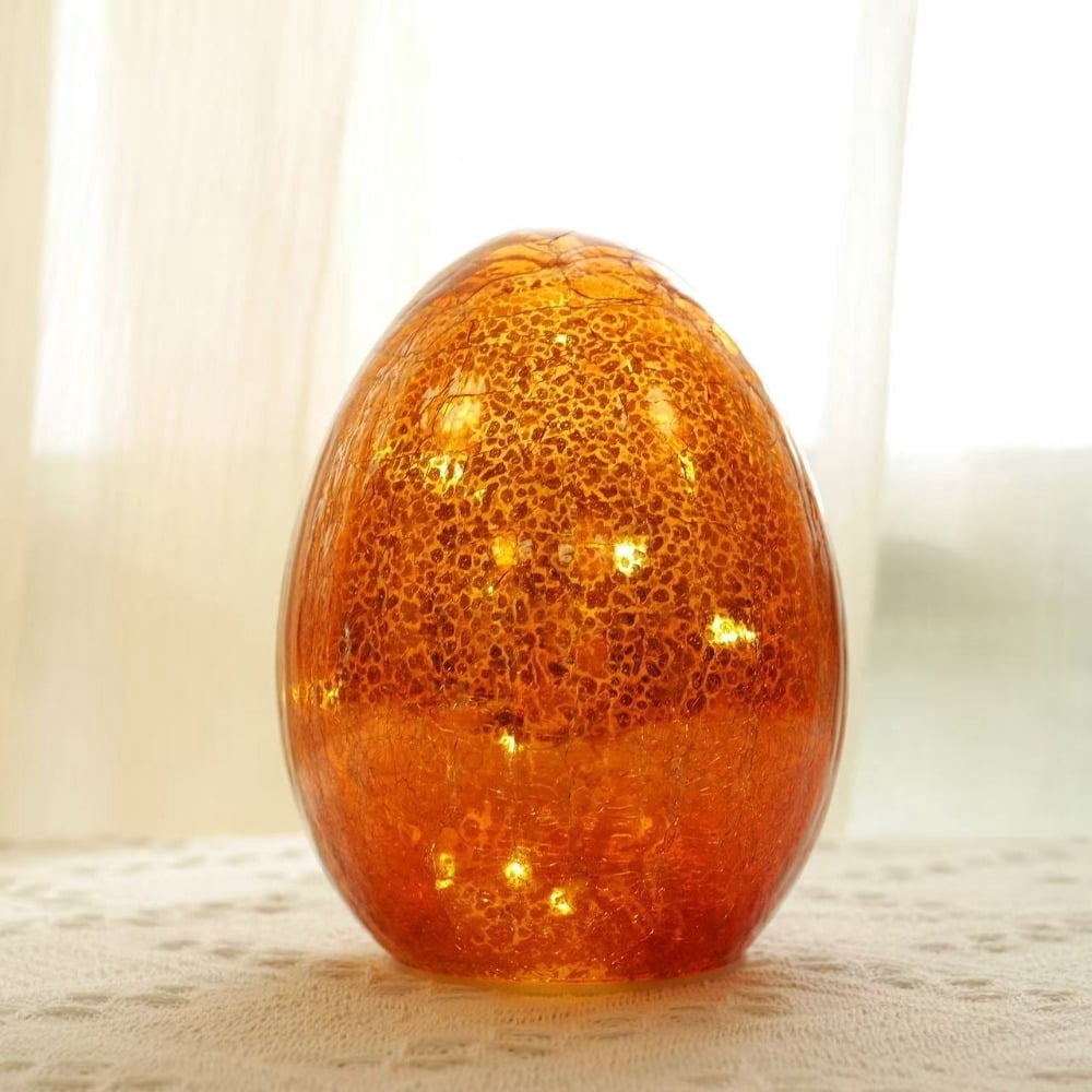 6 Inch LED Lighted Easter Egg Decor, Crackle Glass Illuminated Egg with Warm White Fairy Lights, Battery Operated Spring Table Centerpiece, Gold