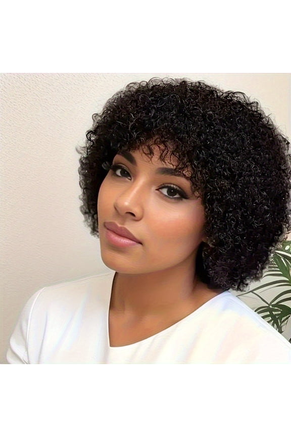 6-Inch Elegant Short Curly Pixie Cut Wig for Women, Nature Color Remy Hair with Rose Net Cap, Glueless 150% Density, Loose Curly Style with Bangs, Curly Hairstyle W