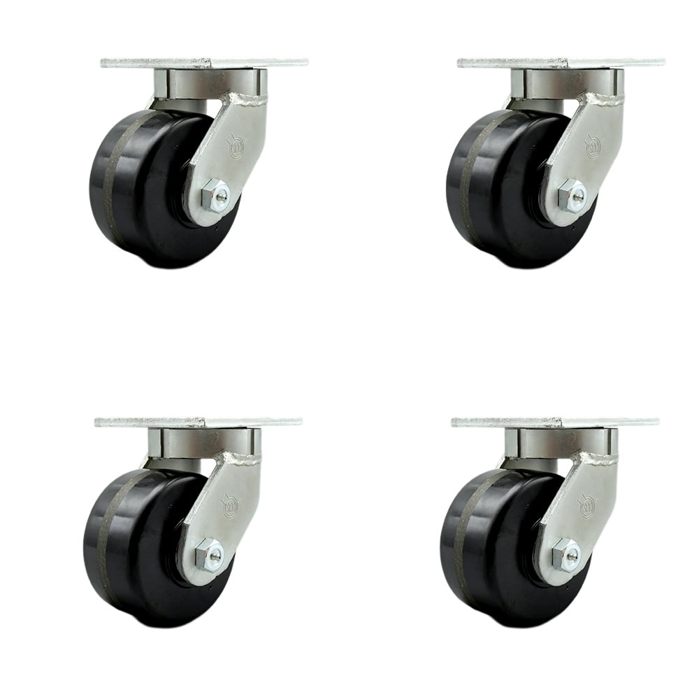 Set Of 4 Heavy Duty Casters - 4" Rubber Wheel, 4x5" Mounting Plate, 1600 Lb Total Capacity