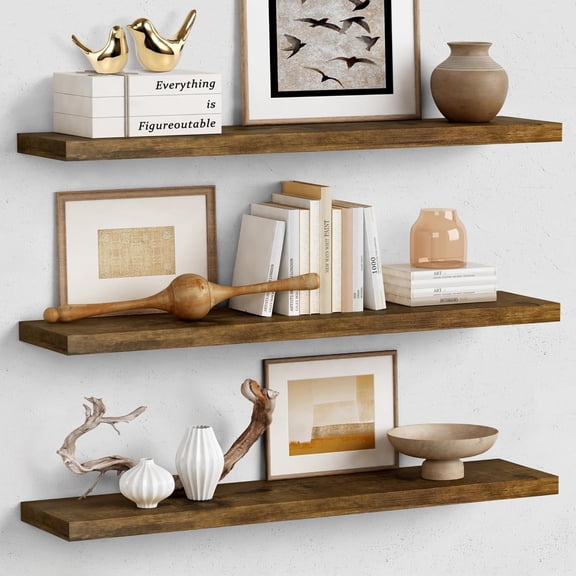 6 Inch Floating Shelves for Wall Long Set of 3, Large Deep Wall Shelves for Bedroom Living Room Decor, Rustic Wood Floating Shelf for Kitchen Closet Office TV Plants Books (Dark Brown)