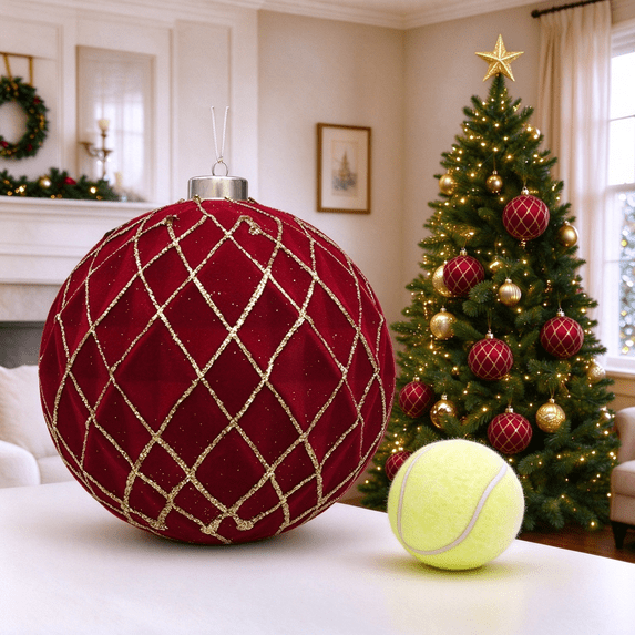 6 Inch Flocked Wine Red Christmas Ball Ornament Diamond Patterned Gold Thread Hanging Bauble for Xmas Tree Holiday Party Decor
