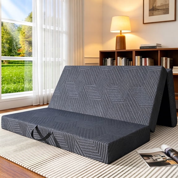 6 Inch Full Trifold Mattress, Cooling Gel Memory Foam Floor Bed with Ice Silk Cover, Portable Handle & Storage Bag, Non-Slip & Washable for Murphy Bed, Guest, Camping, RV
