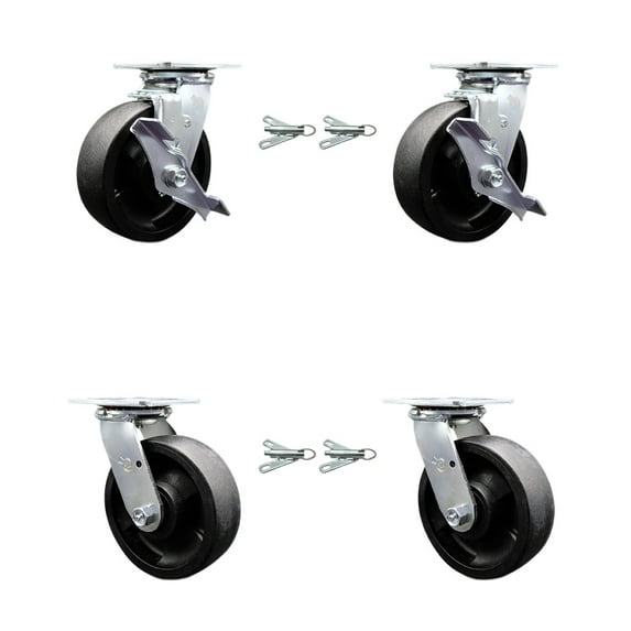6 Inch Glass Filled Nylon Caster Set with Roller Bearings 4 Swivel Lock 2 Brake
