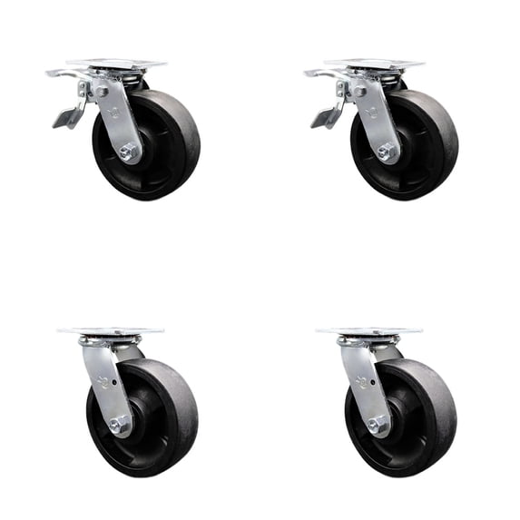 6 Inch Glass Filled Nylon Swivel Caster Set Roller Bearing 2 Total Lock Brake