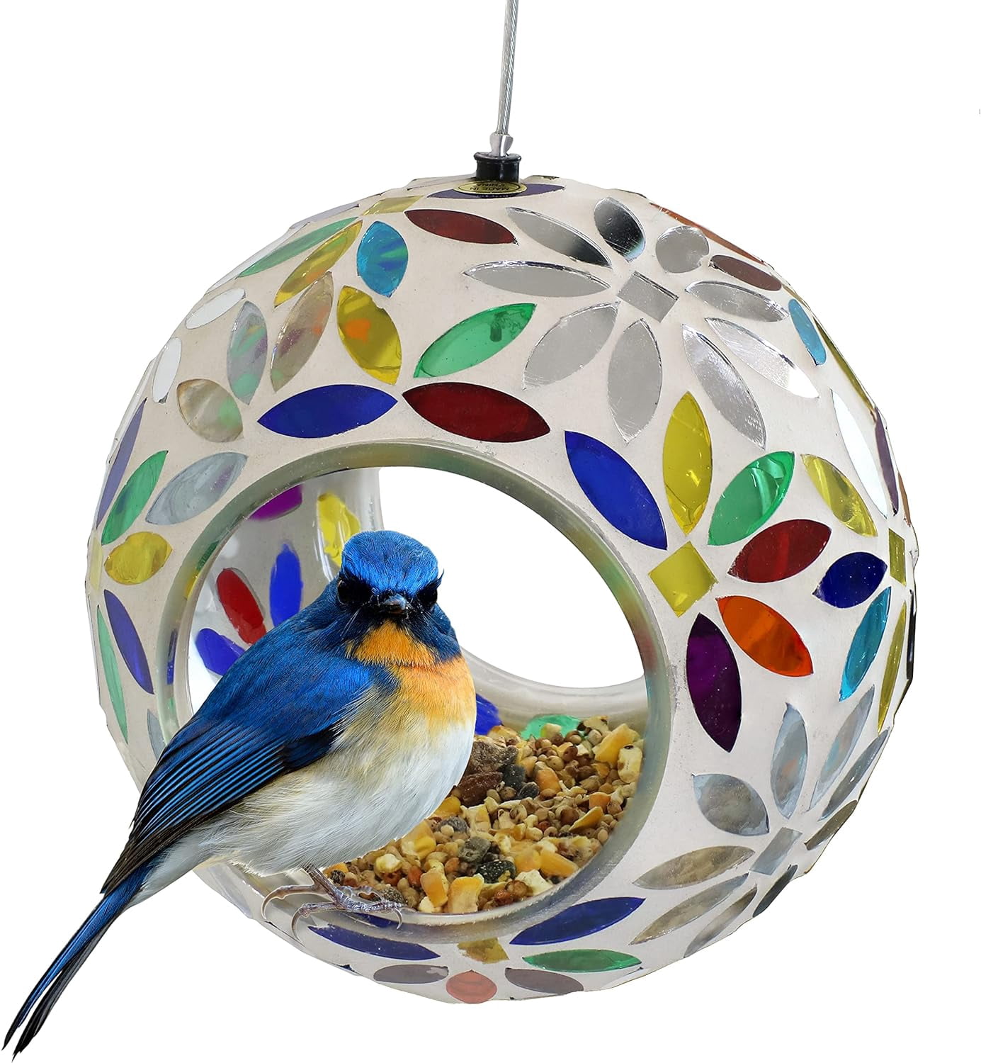 6-Inch Glass Mosaic Hanging Bird Feeder for Outdoors - Fly-Through Glass Bird Feeder for Cardinals, Jays, Finches and More - Rainbow Daisies