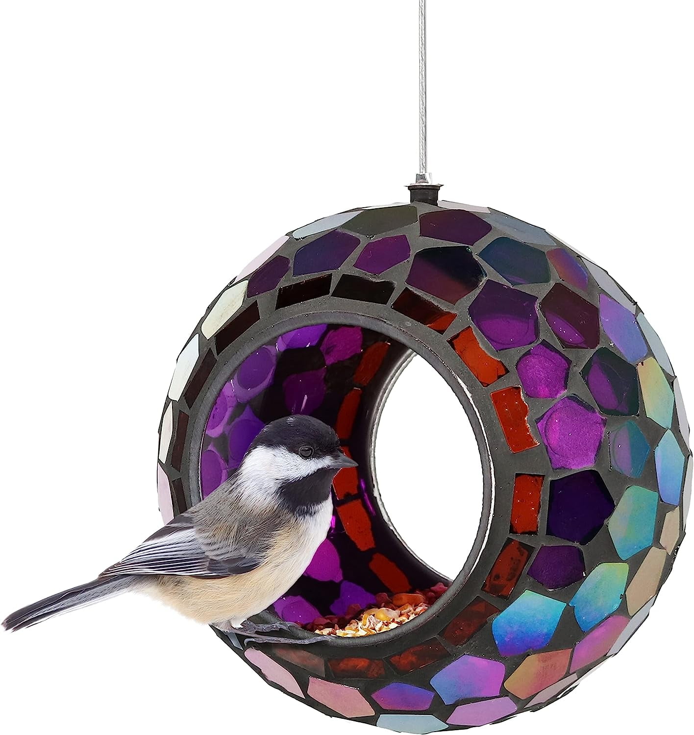 6-Inch Glass Mosaic Hanging Bird Feeder for Outdoors - Fly-Through Wild Bird Feeder - Iridescent Purple Mosaic