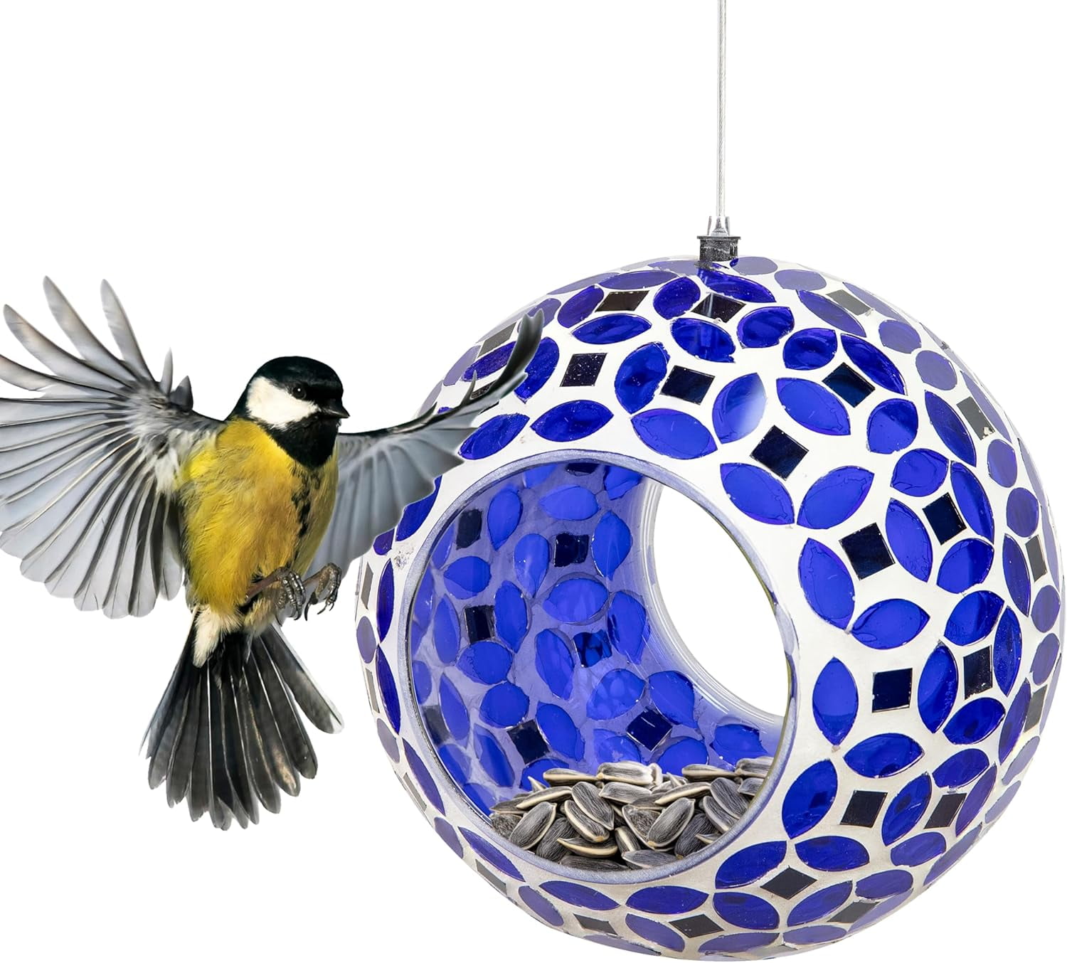 6-Inch Glass Mosaic Hanging Bird Feeder for Outdoors - Fly-Through Wild Bird Feeder - Lavender Mosaic
