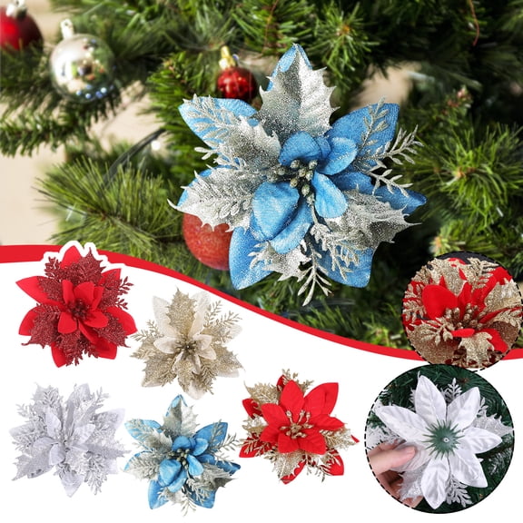 6-Inch Glitter Christmas Flower Artificial Flowers in Gold for Tree Ornaments Holiday Home Decor, Christmas Gifts and Festive Indoor Scene,Blue