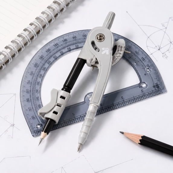 6-Inch Gray Plastic Compass & Protractor Set, Math Measuring Tool with Ruler for Drawing and Geometry