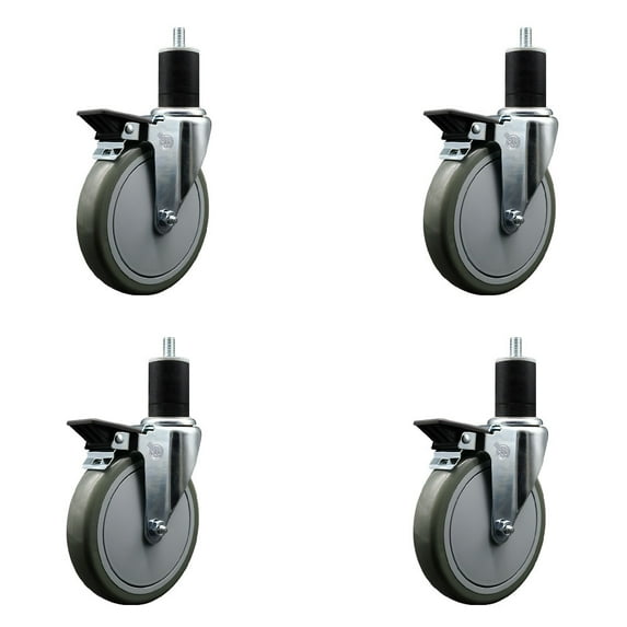 6 Inch Gray Poly Swivel 1-3/4 Inch Expanding Stem Caster Set with Brake SCC
