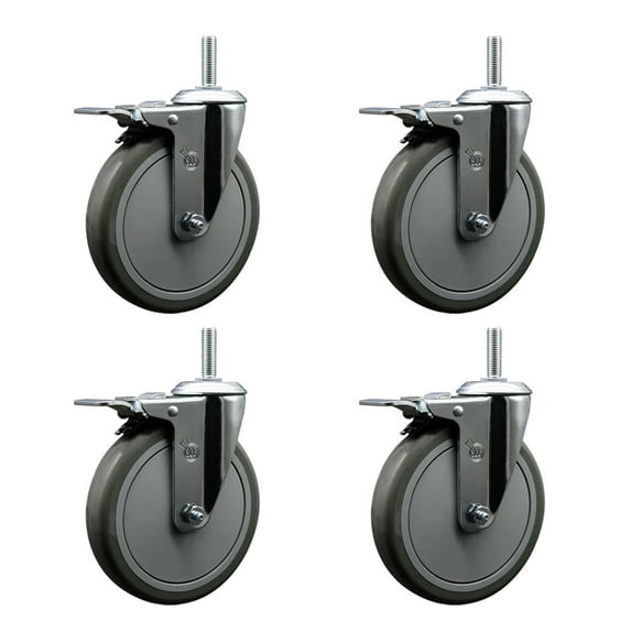 6 Inch Gray Poly Swivel 3/4 Inch Threaded Stem Caster Set with Total Lock Brake