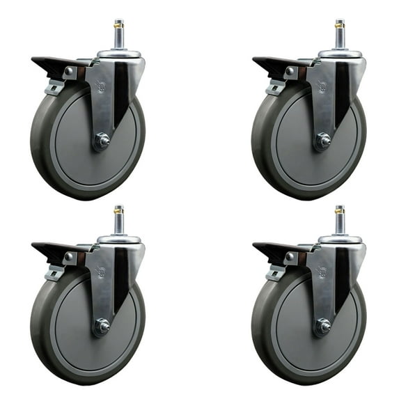 6 Inch Gray Poly Swivel 7/16 Inch Grip Ring Stem Caster Set with Brake