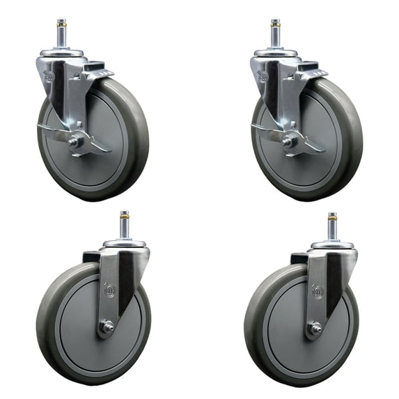 6 Inch Gray Poly Wheel Swivel 7/16 Inch Grip Ring Stem Caster Set 2 Brakes