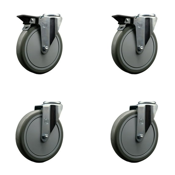 6 Inch Gray Poly Wheel Swivel Bolt Hole Caster Set with 2 Posi Lock Brakes SCC