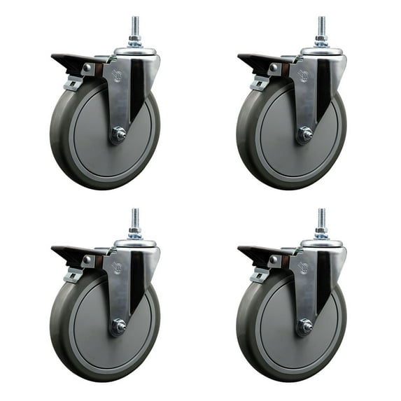 6 Inch Gray Polyurethane 12MM Threaded Stem Caster Set with Brake