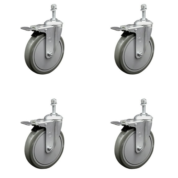 6 Inch Gray Polyurethane Swivel 10mm Stem Caster Set with Total Lock Brake